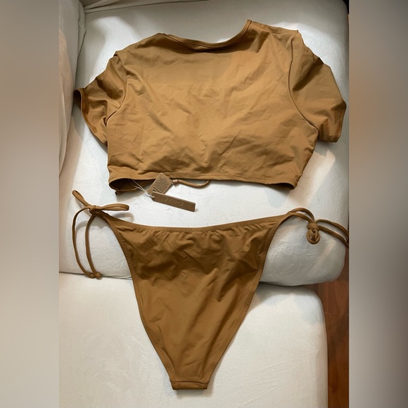 NWT 2pc Skim Swimsuit Rushed T-Shirt & Bikini String Tie Bottoms Almond Size 2X - Picture 12 of 13